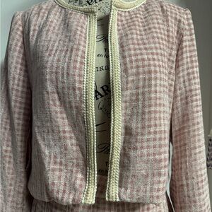 Open Front Gingham Pattern Contrast Trim Crop Tweed Jacket and Pleated Skirt